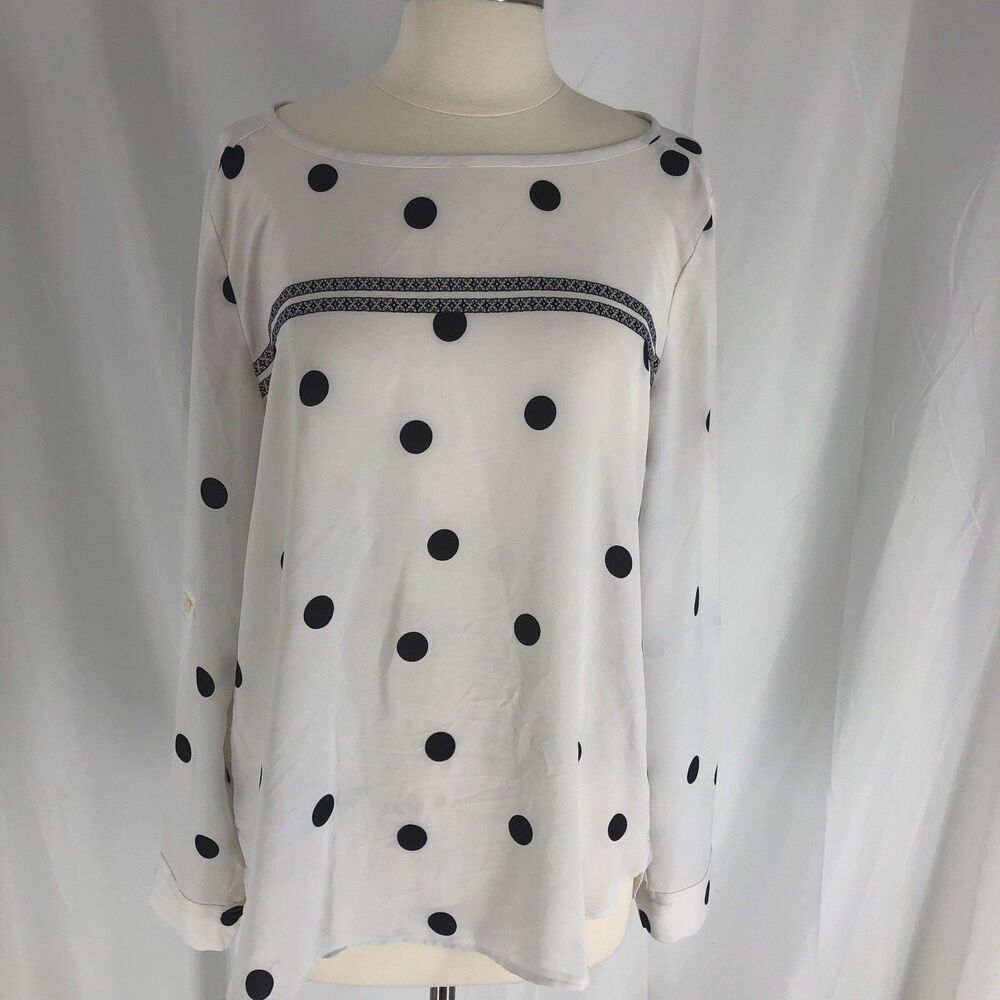 LOFT Ann Taylor Polka Dot Blouse White Black Roll Tab Sleeve Large